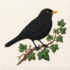 Op de afbeelding: Geborduurd kunstwerk van een merel op een bruine tak met groene klimopbladeren. De vogel heeft een gele snavel en oog, tegen een lichtbeige achtergrond. De borduurwerk is gedetailleerd en getextureerd.