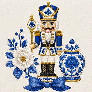 Puede incluir: Un diseño bordado que muestra un cascanueces con uniforme azul y blanco con detalles dorados, sosteniendo un bastón. A su lado hay una flor blanca con hojas azules y un tarro con tapa azul y blanco, sobre un gran lazo de tela azul.