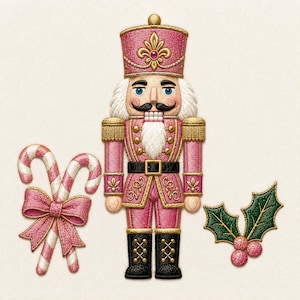 May include: An embroidered patch set featuring a pink nutcracker soldier in a gold-trimmed uniform, two candy canes tied with a pink bow, and a sprig of green holly leaves with three pink berries, all rendered in detailed thread work.