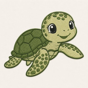 May include: An embroidered patch of a sea turtle with a light green head and limbs featuring dark green spots. The shell is a darker forest green with a geometric pattern. The turtle has large black eyes and a smiling mouth, outlined in dark thread.