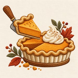 Puede incluir: Una tarta de calabaza bordada con una porción siendo levantada por una pala de metal. La tarta presenta una corteza dorada, relleno naranja y una nube de nata montada blanca. Está decorada con hojas verdes, bayas y hojas naranjas.