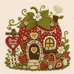 May include: Embroidered strawberry house with a heart-shaped sign that reads "Berry Home." The red strawberry house has a brown door, a window, and a chimney with heart-shaped smoke. The scene includes a white picket fence, flowers, and a basket of strawberries.