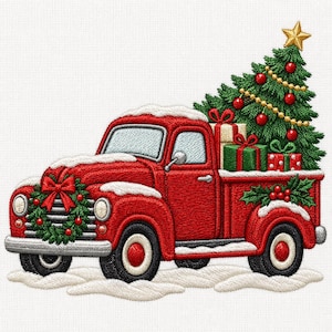 May include: An embroidered design of a bright red vintage pickup truck covered in snow. The truck features a green wreath with a red bow on the front grille and a large Christmas tree with ornaments and gifts in the truck bed.