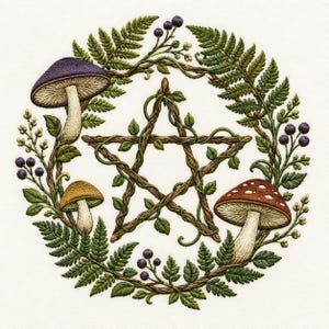 May include: An embroidery design featuring a central pentagram formed by intertwined brown branches and green leaves. The pentagram is surrounded by a circular wreath of green fern fronds, small dark blue berries, and three mushrooms.