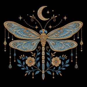 May include: Embroidered dragonfly design in gold and blue on a black background. The dragonfly has detailed wings, a segmented body, and is surrounded by stars, a crescent moon, and floral elements. The design is intricate and ornate.