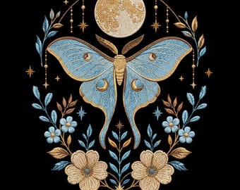 Celestial Moth Embroidery Design, Boho Lunar Machine File (Digital Download)