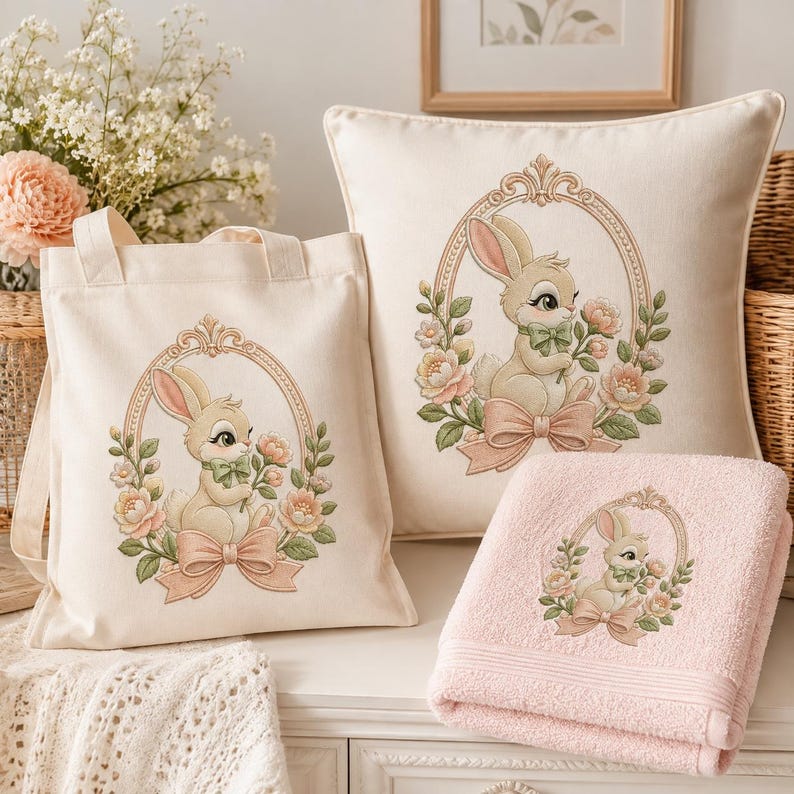 May include: A cream-colored canvas tote bag, a square throw pillow, and a folded light pink towel, each featuring an identical illustration of a cartoon rabbit inside an ornate oval frame surrounded by pink flowers and a ribbon bow.