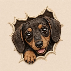 Dachshund Peekaboo Embroidery File, Torn Fabric Puppy Design, Sausage Dog PES DST EXP