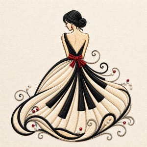 Peut inclure: Une broderie représentant une silhouette aux cheveux noirs en chignon, vêtue d'une robe à motif de touches de piano noir et crème. La robe est serrée à la taille par un nœud rouge, agrémentée de lignes noires tourbillonnantes et de perles.