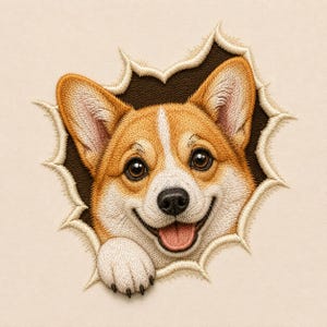 Può includere: Una toppa ricamata raffigurante un cane Corgi con pelo beige e bianco, occhi scuri e naso nero, che sembra sbucare da un'apertura strappata. Il cane ha una zampa visibile, una bocca sorridente con lingua rosa e uno sfondo marrone scuro.