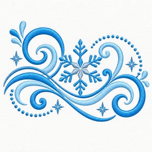 May include: An embroidery design featuring a central snowflake surrounded by swirling blue and light blue lines, decorative dots, and small four-pointed stars. The pattern uses various shades of blue thread to create a textured, winter-themed motif.