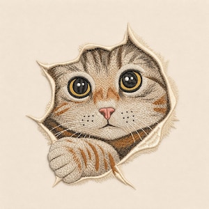 Peut inclure: Un écusson brodé représentant un chat tigré brun aux grands yeux dorés expressifs et au nez rose. Le chat semble regarder à travers une ouverture déchiquetée dans un tissu beige clair, avec une patte visible au premier plan.