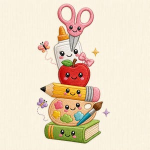 May include: An embroidery design featuring a stack of cute, anthropomorphic school supplies including a green book, a tan paint palette with a brush, a yellow pencil, a red apple, a white glue bottle, and pink scissors, accented by butterflies.