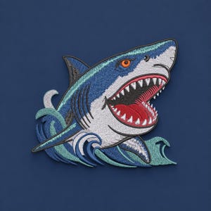 May include: Embroidered patch featuring a detailed shark design. The shark has a white body, blue accents, and an open mouth revealing red gums and sharp teeth. The patch includes stylized waves in shades of blue and green, set against a navy blue background.