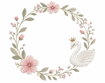 プリンセススワンと花冠の刺繍デザイン（女の子向け）