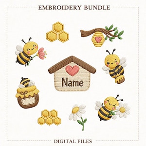 May include: An embroidery bundle with bees, honeycombs, a beehive, and a house with a heart. The text "EMBROIDERY BUNDLE" and "DIGITAL FILES" are displayed. The bees are yellow and black, and the flowers are pink and white. The house has space for a name.