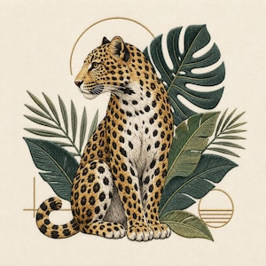 May include: An embroidered design featuring a leopard with gold and black spots sitting among dark green tropical leaves. The artwork includes thin gold geometric lines, including a partial circle above the leopard and a circle with horizontal lines.