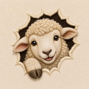 May include: An embroidered patch featuring a cream-coloured lamb with curly wool, dark eyes, and a small hoof, appearing to peek through a jagged, star-shaped hole with a dark brown interior and a light cream-coloured stitched border.