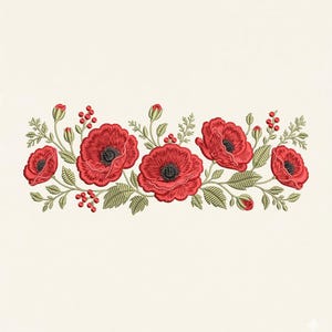 May include: An embroidery design featuring a horizontal arrangement of vibrant red poppy flowers with dark centres, surrounded by sage green leaves, stems, and small red berry clusters, all set against a plain, light cream-coloured background.