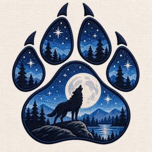 Wolf Paw Moon Embroidery Design, Howling Wolf Forest Landscape, Night Nature Machine Embroidery File