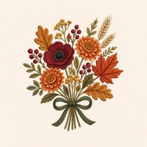 May include: An embroidered bouquet featuring a deep red anemone, orange chrysanthemums, a large maple leaf, oak leaves, wheat stalks, and small red berries. The stems are gathered and tied together with a dark green ribbon bow.