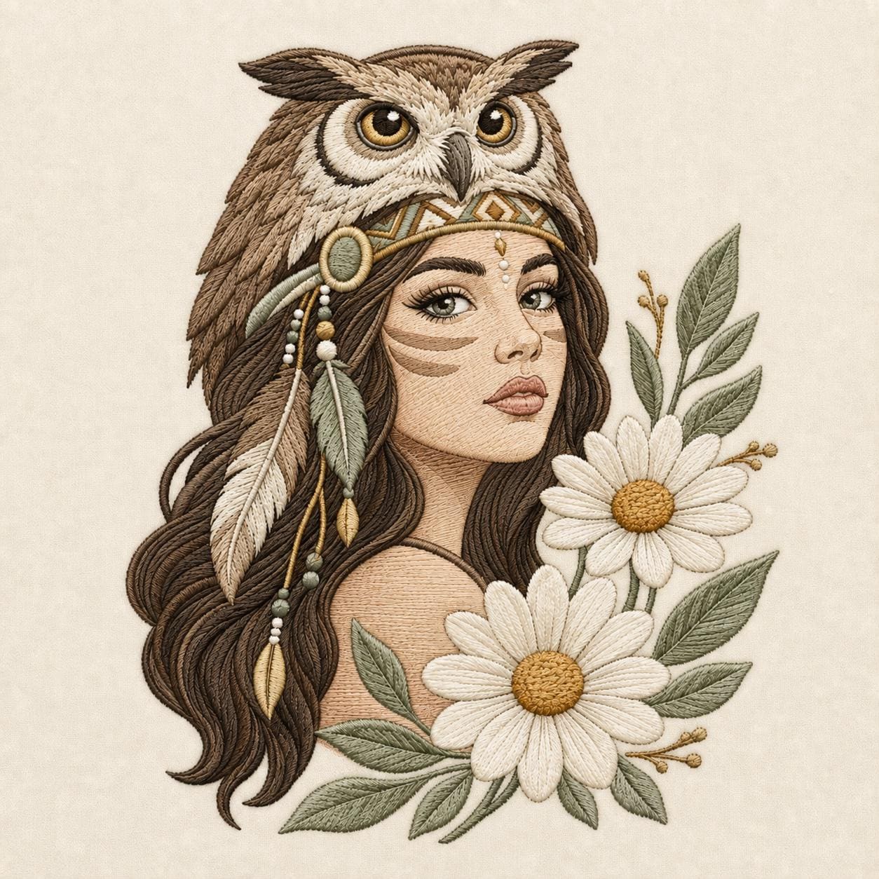 Owl Spirit Woman with Daisies Machine Embroidery File, Boho Woodland Girl Portrait, Feather Floral S