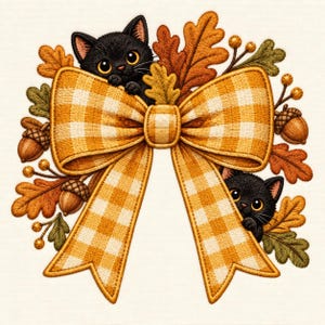 May include: An embroidered design featuring a large yellow and white gingham bow surrounded by autumn elements including brown oak leaves, acorns, and small berries. Two small black kittens with large eyes peek out from behind the bow.