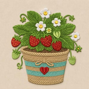 Diseño de bordado de maceta de fresas, archivo de bordado a máquina de frutas de jardín (descarga digital)