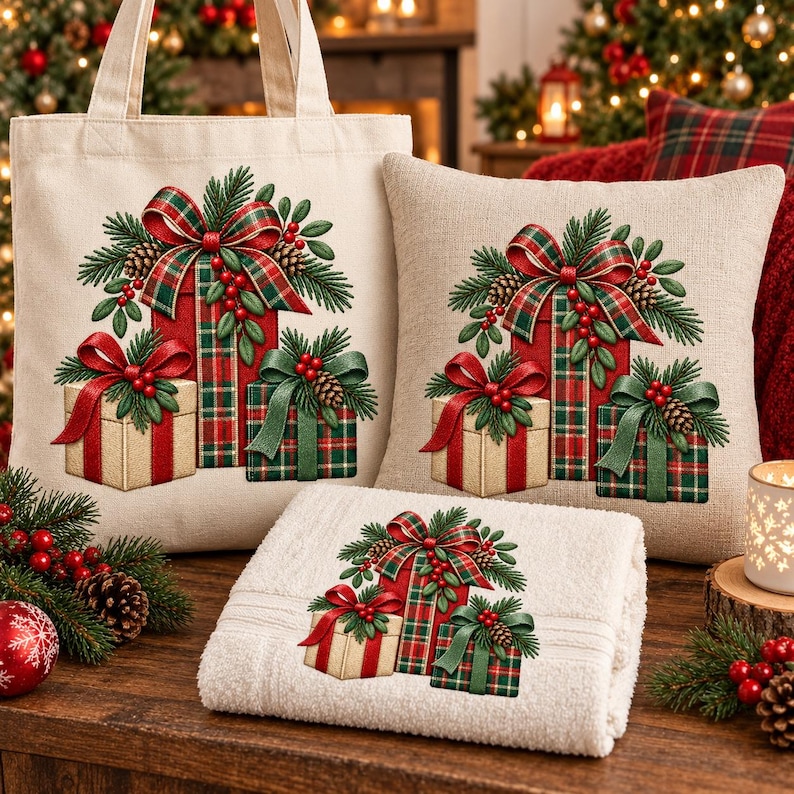 Op de afbeelding: Een cr&egrave;mekleurige canvas tas, een vierkant kussen en een opgevouwen witte handdoek, elk voorzien van een geborduurd ontwerp van drie gestapelde cadeaus versierd met rood-groene geruite linten, dennentakken, dennenappels en rode bessen.