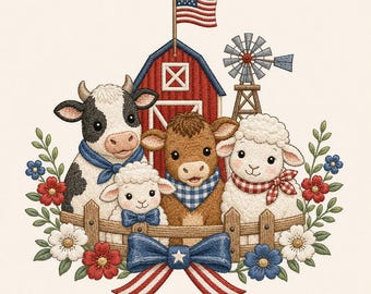 Patriotic Farm Animals Embroidery Design, USA Barn Machine File (pes, jef, exp)