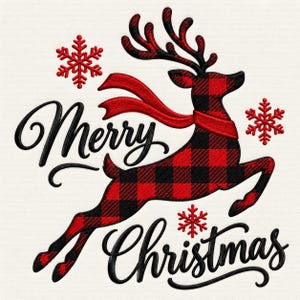 May include: An embroidery design featuring a leaping reindeer with a red and black buffalo plaid pattern, wearing a red scarf. The text Merry Christmas is written in black script, accompanied by three red snowflakes on a white fabric background.
