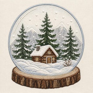 Könnte beinhalten: Ein kreisförmiges Stickbild, das eine Winterszene in einer Schneekugel darstellt. Es zeigt eine braune Blockhütte mit Schnee auf dem Dach, umgeben von drei grünen Tannen und schneebedeckten Bergen, auf einem strukturierten Holzsockel.