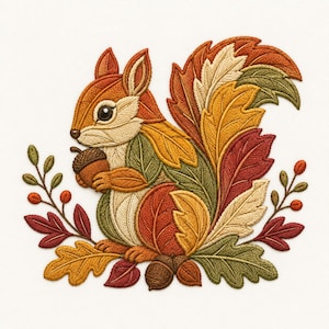 Desenho de Bordado de Esquilo no Outono, Arquivo para Máquina de Bordado com Folhas de Outono na Floresta (Download Digital)
