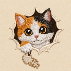 Peut inclure: Un écusson brodé représentant un chat calico aux grands yeux sombres qui regarde à travers un trou déchiqueté. Le chat a un pelage orange, noir et blanc, un nez rose et tient un petit charme en forme d'arête de poisson suspendu à sa patte.