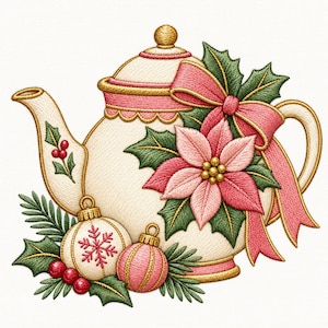 Könnte beinhalten: Ein gesticktes Motiv einer cremefarbenen Teekanne, verziert mit einem rosa Weihnachtsstern, einer rosa Schleife, grünen Stechpalmenblättern, roten Beeren und zwei runden Weihnachtskugeln mit einer rosa Schneeflocke und rosa Streifen.