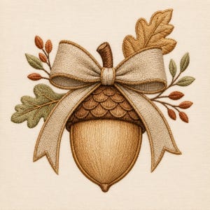 May include: An embroidered design featuring a central brown acorn with a textured cap, adorned with a large beige fabric bow. The acorn is flanked by two oak leaves in shades of green and gold, along with small sprigs of orange and brown berries.