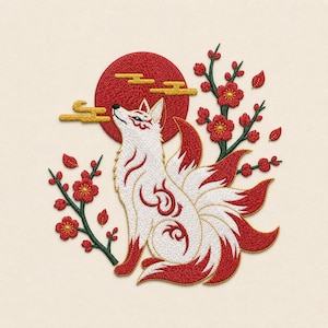 May include: Embroidered design of a white fox with red accents and nine tails, looking up at a red sun. Gold clouds and red flowers on green branches complete the design. The background is a cream color.