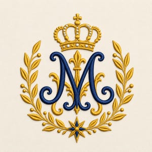 Pode incluir: Um design de bordado apresentando uma letra M grande em azul escuro centralizada dentro de uma coroa de louros dourada. Acima da letra há uma coroa dourada com detalhes brancos e abaixo uma pequena estrela de quatro pontas.