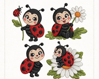 May include: An embroidery bundle featuring four adorable ladybug designs. Each ladybug has a black body, red wings with black spots, and is holding a flower or leaf. The text "EMBROIDERY BUNDLE" and "DIGITAL FILES" are displayed.