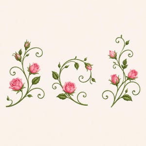 May include: Three floral arrangements featuring pink roses, green leaves, and curling vines. The roses are in various stages of bloom, from buds to fully open flowers. The background is a soft, off-white color.
