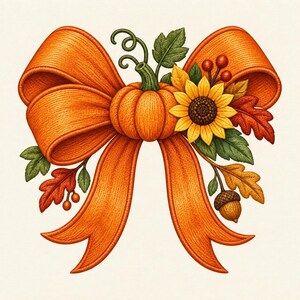 Könnte beinhalten: Eine große orangefarbene Stoffschleife, verziert mit einem zentralen orangefarbenen Kürbis, einer gelben Sonnenblume, grünen Blättern, roten Beeren und einer braunen Eichel. Das Design zeigt strukturierte Schleifenschlaufen und lange Bänder.