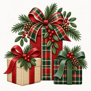 May include: Three gift boxes decorated with festive elements. The center box is tall and red with a plaid ribbon. The left box is beige with a red ribbon. The right box is green plaid with a green ribbon. All feature pine branches, pinecones, and red berries.