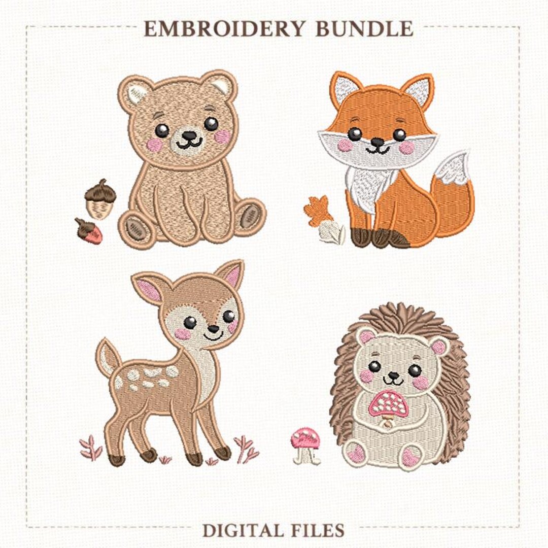 Woodland Animals Embroidery Bundle, Bear Fox Deer Hedgehog Designs ...