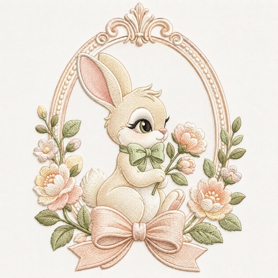 Vintage Floral Bunny Embroidery File, Elegant Cameo Design (Digital Download)