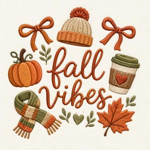 May include: An embroidery design featuring the text fall vibes in orange script. Surrounding elements include an orange pumpkin, a beige knit beanie, two orange bows, a striped green and orange scarf, a coffee cup with a heart, and a maple leaf.