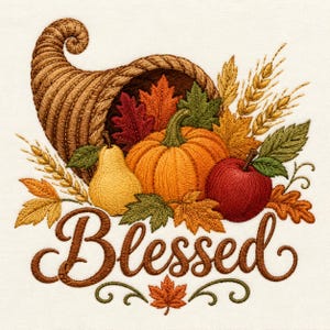 May include: An embroidery design featuring a brown cornucopia overflowing with an orange pumpkin, a yellow pear, a red apple, wheat stalks, and colorful autumn leaves. The word Blessed is stitched in brown cursive script below the harvest.