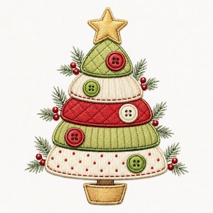 Maskinbroderifil för quiltad julgran, julgran med lapptäcksknappar och tall och bär
