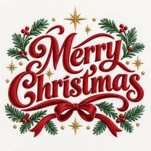 File per ricamo a macchina con scritta "Buon Natale", elegante disegno per ricamo natalizio con fiocco di bacche di pino e stella.