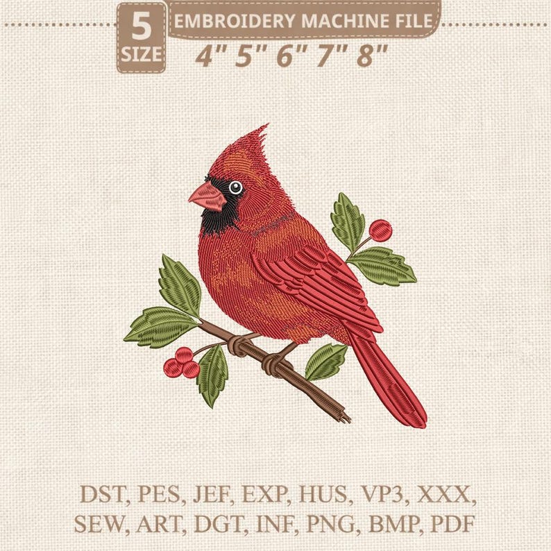 Cardinal Bird Embroidery Design, Realistic Red Bird Branch Berries ...