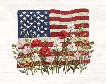 American Flag Floral Embroidery Design, Patriotic Flowers Machine Pattern (Digital Download)